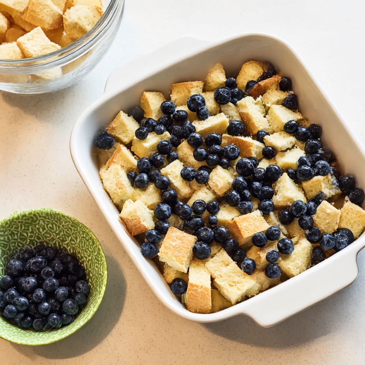 An irresistible blueberry French toast casserole with soft bread cubes and fresh blueberries, ready to be baked for a delicious breakfast or brunch.
