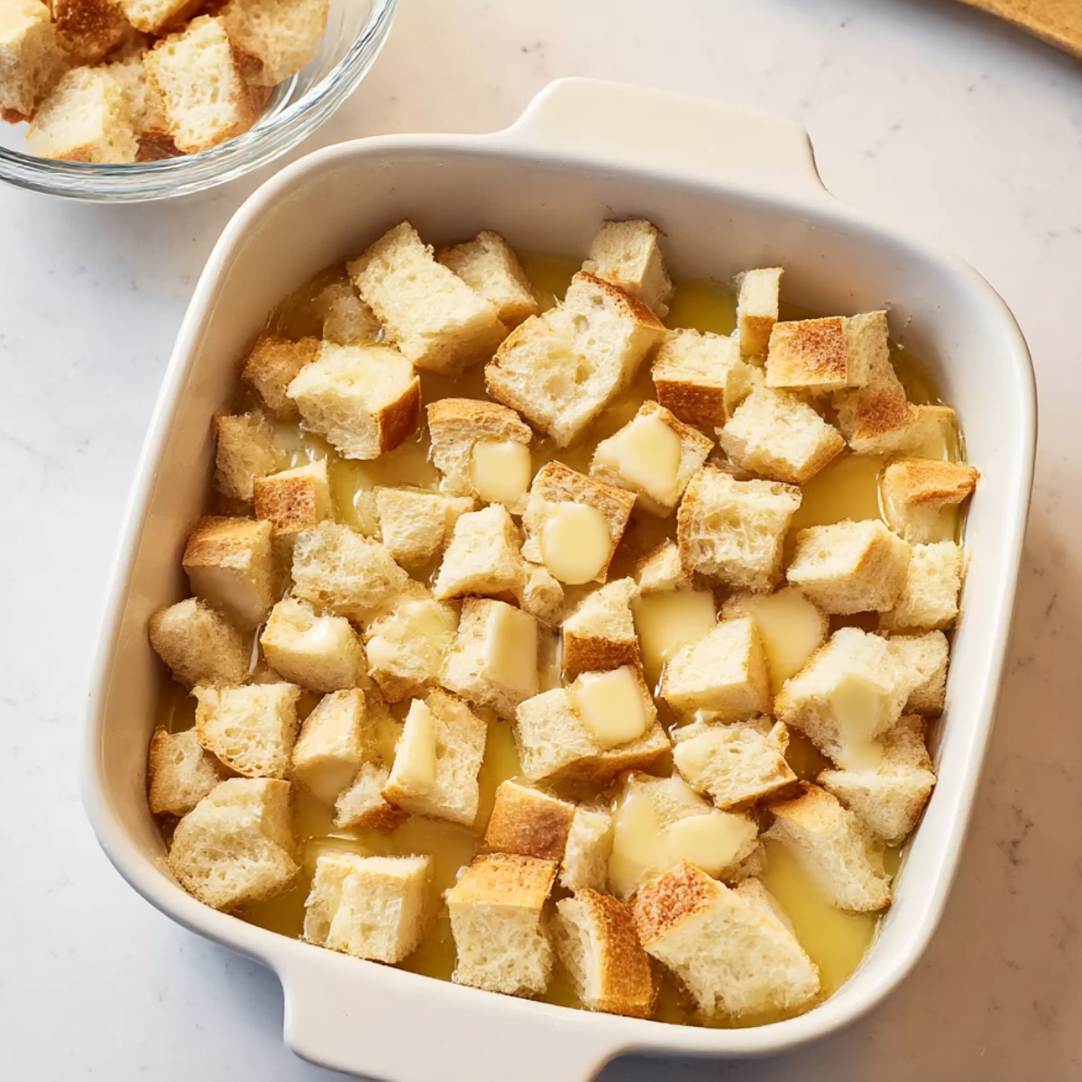 A deliciously baked blueberry French toast casserole with toasted bread cubes and melted butter, perfect for breakfast or brunch