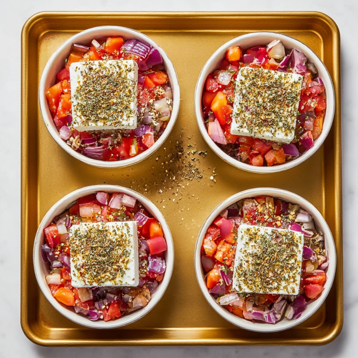 Four ramekins filled with diced tomatoes, red onions, and crumbled feta cheese, seasoned with oregano and ready to be baked for a delicious Baked Feta Eggs recipe.