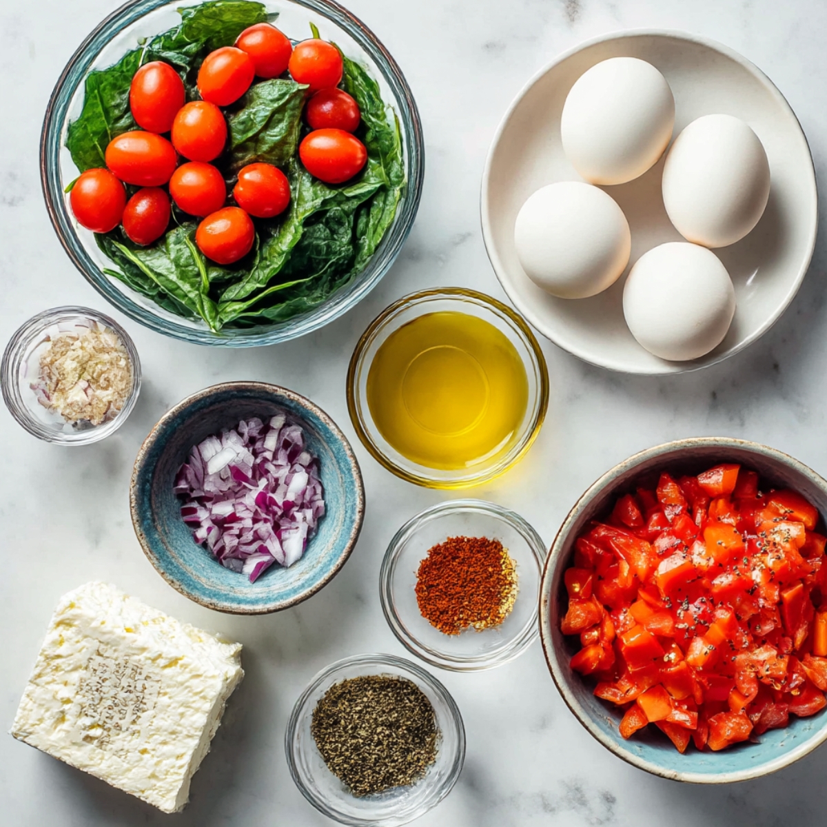A bowl of fresh spinach and cherry tomatoes, four eggs, diced red onions, crumbled feta cheese, olive oil, spices, and seasonings laid out for preparing a delicious baked feta eggs recipe