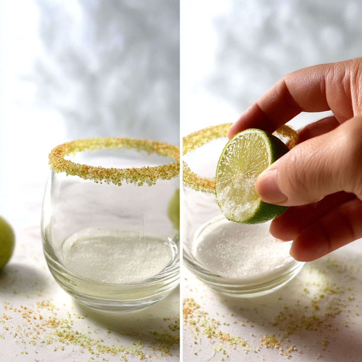 A close-up of a glass with a lime and sugar rim, preparing for a Bourbon Smash cocktail. A hand is holding a lime wedge, ready to coat the rim with the lime juice and sugar mix.