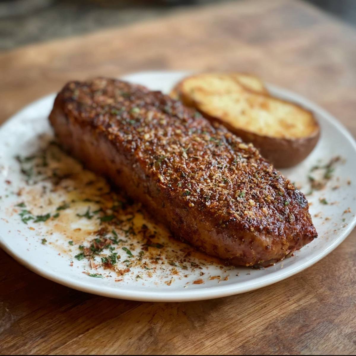 A perfectly seared Cajun-spiced steak served with a garlic butter sauce, garnished with fresh parsley, and accompanied by a baked potato.