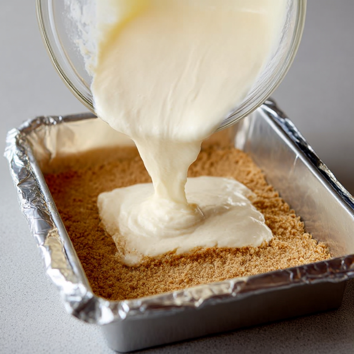 Pouring a smooth cheesecake filling over a graham cracker crust in preparation for Caramel Apple Cheesecake Bars.