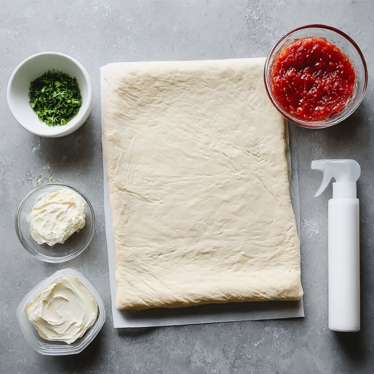 A flat lay of ingredients for cheesy pepper jelly bites, including puff pastry, cream cheese, chopped herbs, and sweet pepper jelly, perfect for creating savory appetizers.