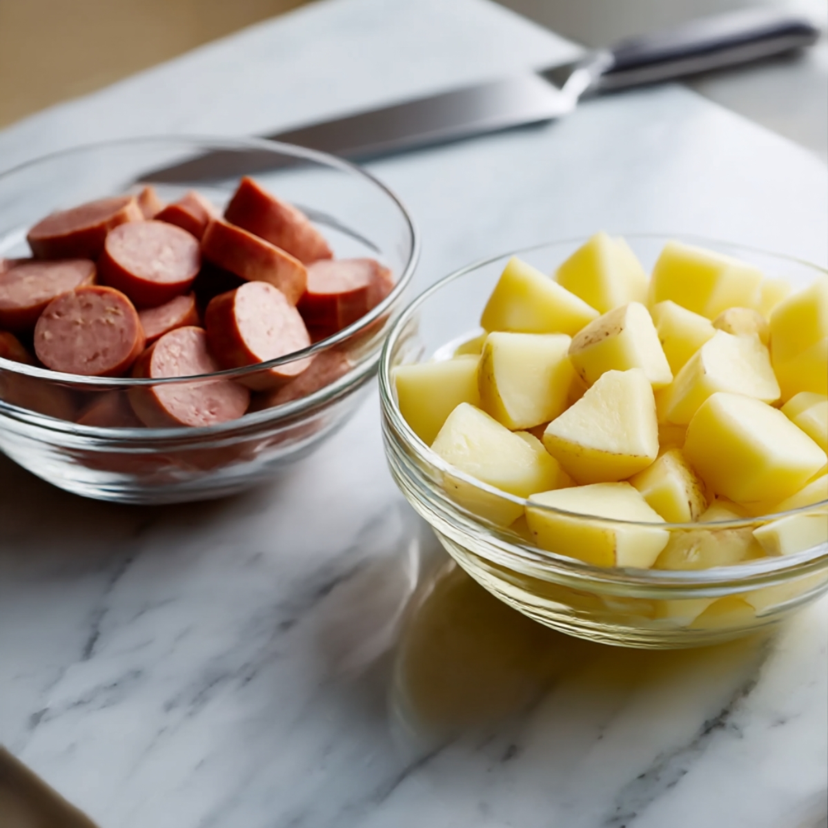 Chopped sausage and diced potatoes ready to be made into cheesy ranch potatoes, a savory dish that's easy to prepare and perfect for family meals.