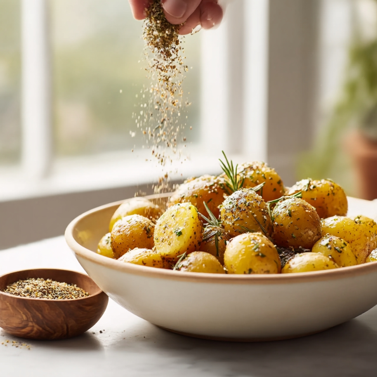 A hand sprinkling seasoning over roasted golden potatoes, garnished with fresh rosemary and pepper, perfect for cheesy ranch potatoes.