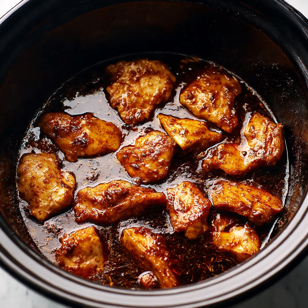 Tender pieces of chicken cooked in a rich, savory sauce inside a black slow cooker, ready to be paired with noodles for a delicious meal