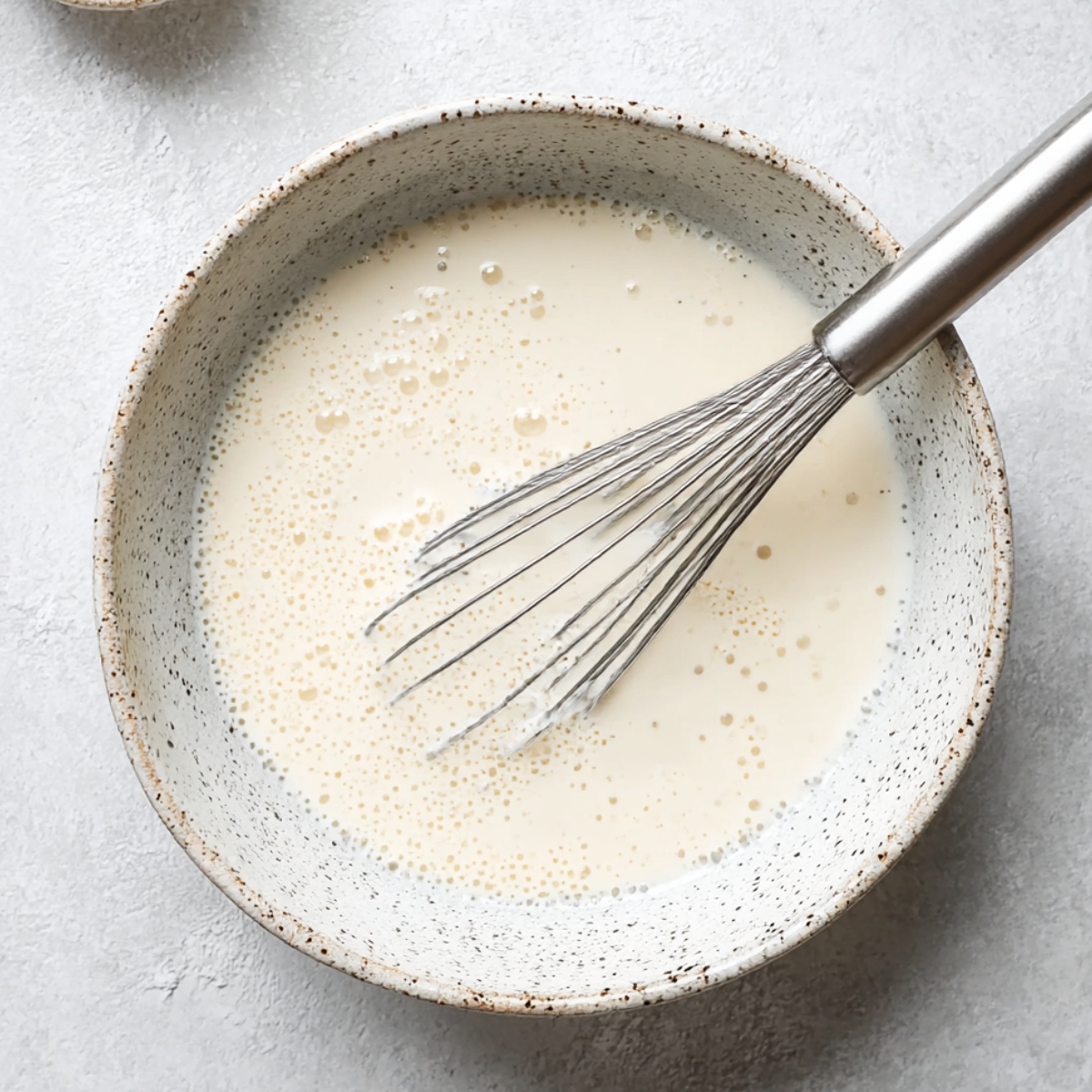 Whisking creamy soup base for Chicken Pot Pie Soup Recipe in ceramic bowl, preparing rich homemade comfort soup
