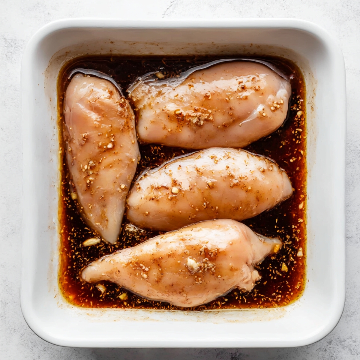 Chicken breasts marinating in a flavorful sauce, consisting of soy sauce, garlic, and seasonings, ready to be grilled or cooked for a tasty meal.