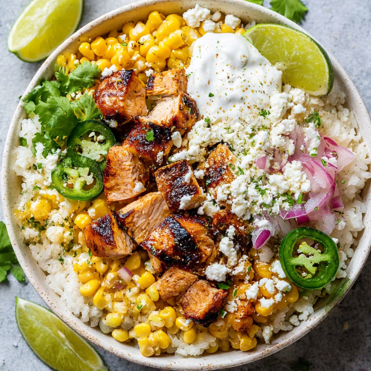A delicious Corn Chicken Rice Bowl featuring grilled chicken, corn, rice, fresh cilantro, sliced jalapeños, red onions, crumbled feta cheese, and a dollop of sour cream, garnished with lime wedges.