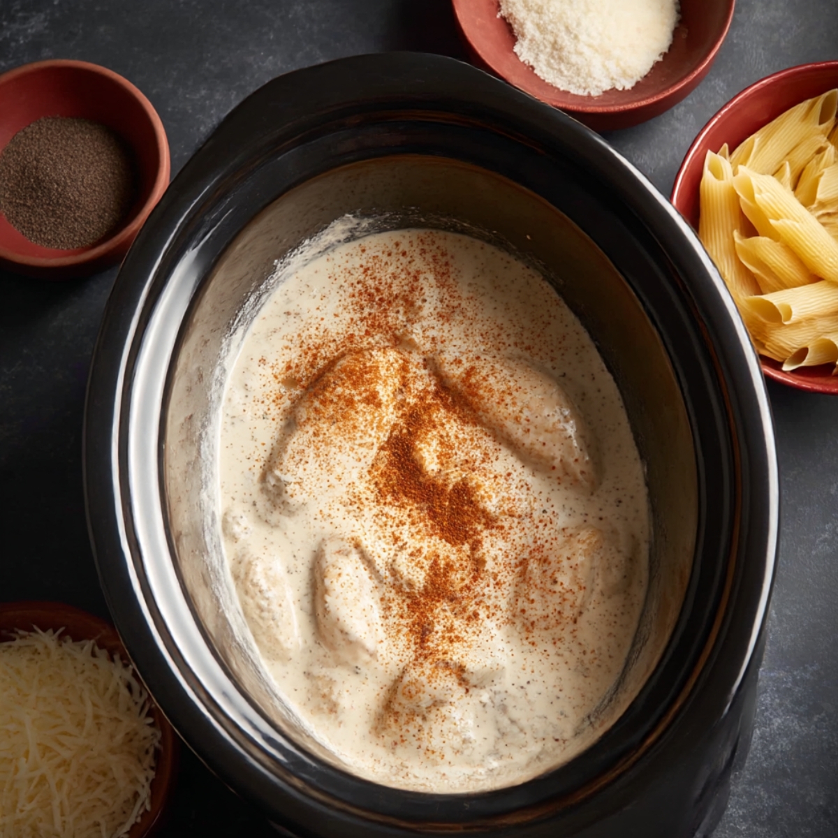 Creamy Cajun chicken pasta simmering in a crockpot, topped with paprika and served with pasta, freshly grated parmesan, and black pepper for a flavorful dinner.