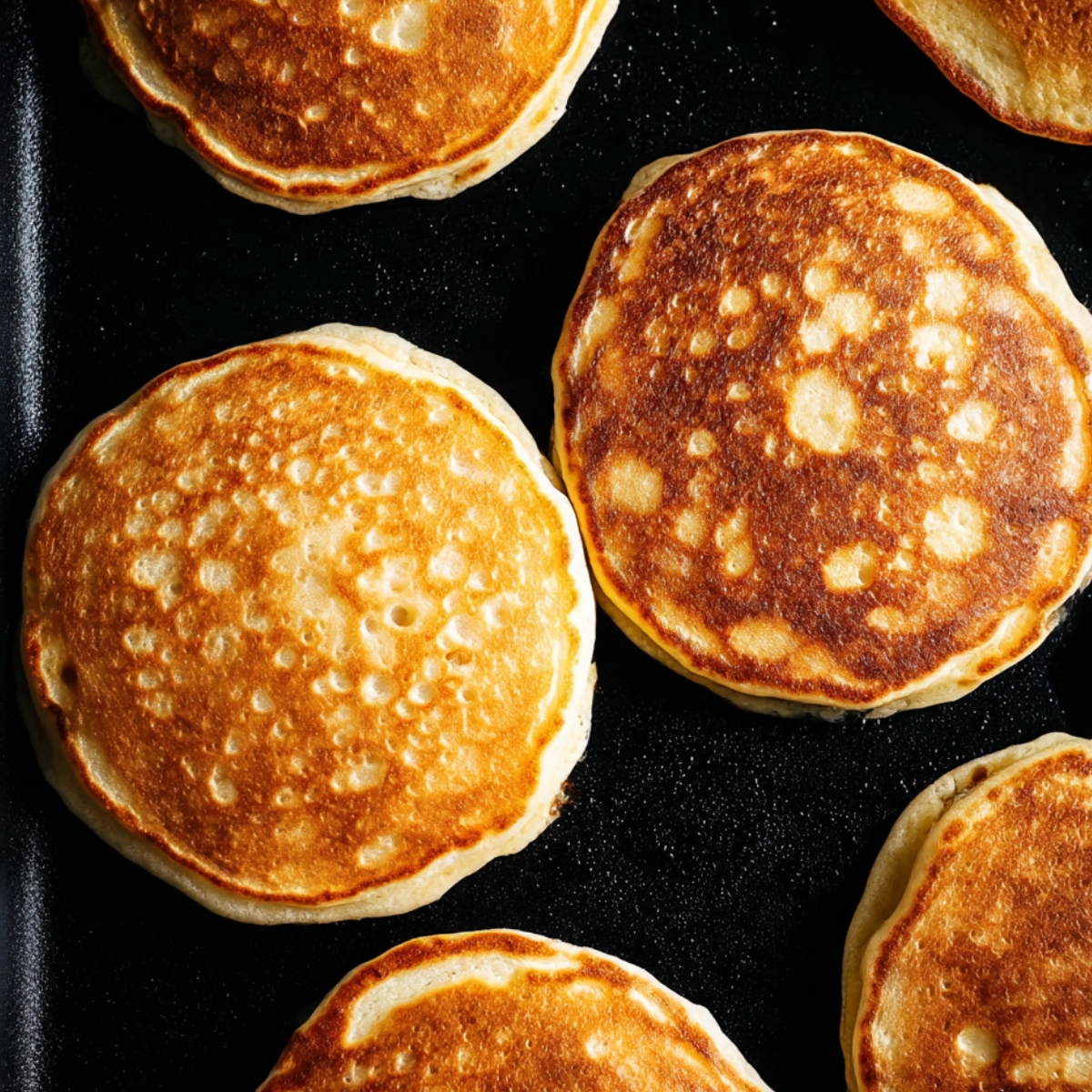 Fluffy pancakes cooking on a skillet, golden brown and thick with soft centers, made from an easy homemade fluffy pancakes recipe