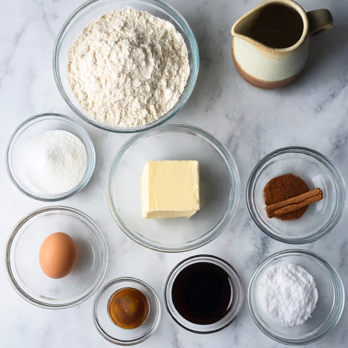 All the ingredients needed for making churro bites: flour, butter, sugar, cinnamon, vanilla, and an egg, laid out in bowls ready for baking.