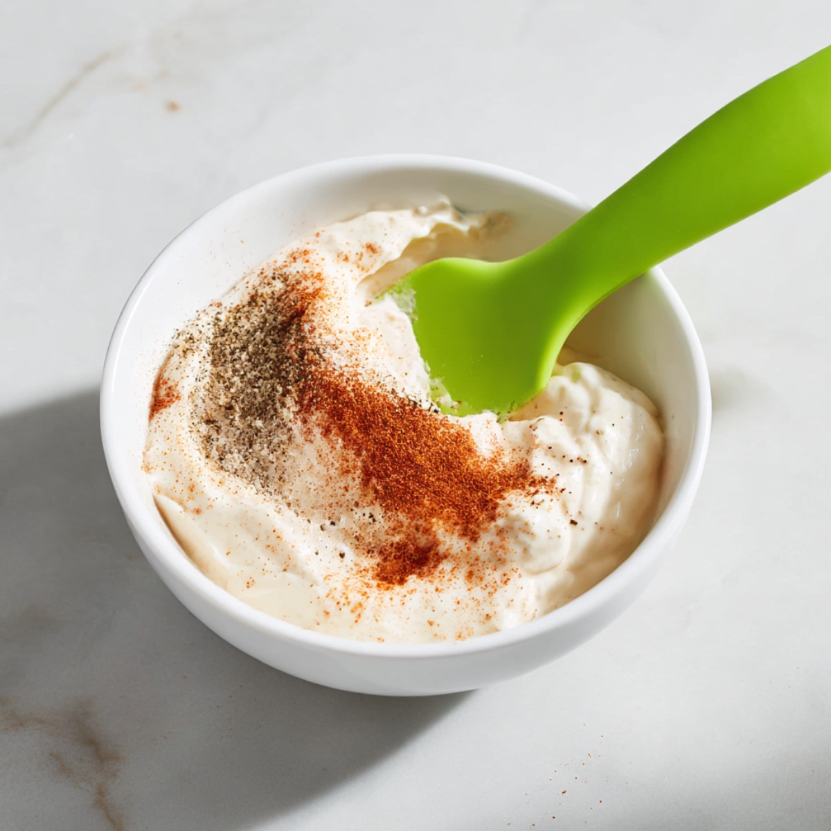 A bowl of creamy dressing for deviled egg pasta salad, with a sprinkle of paprika and black pepper, and a green silicone spatula mixing the ingredients together for a smooth, flavorful dressing.