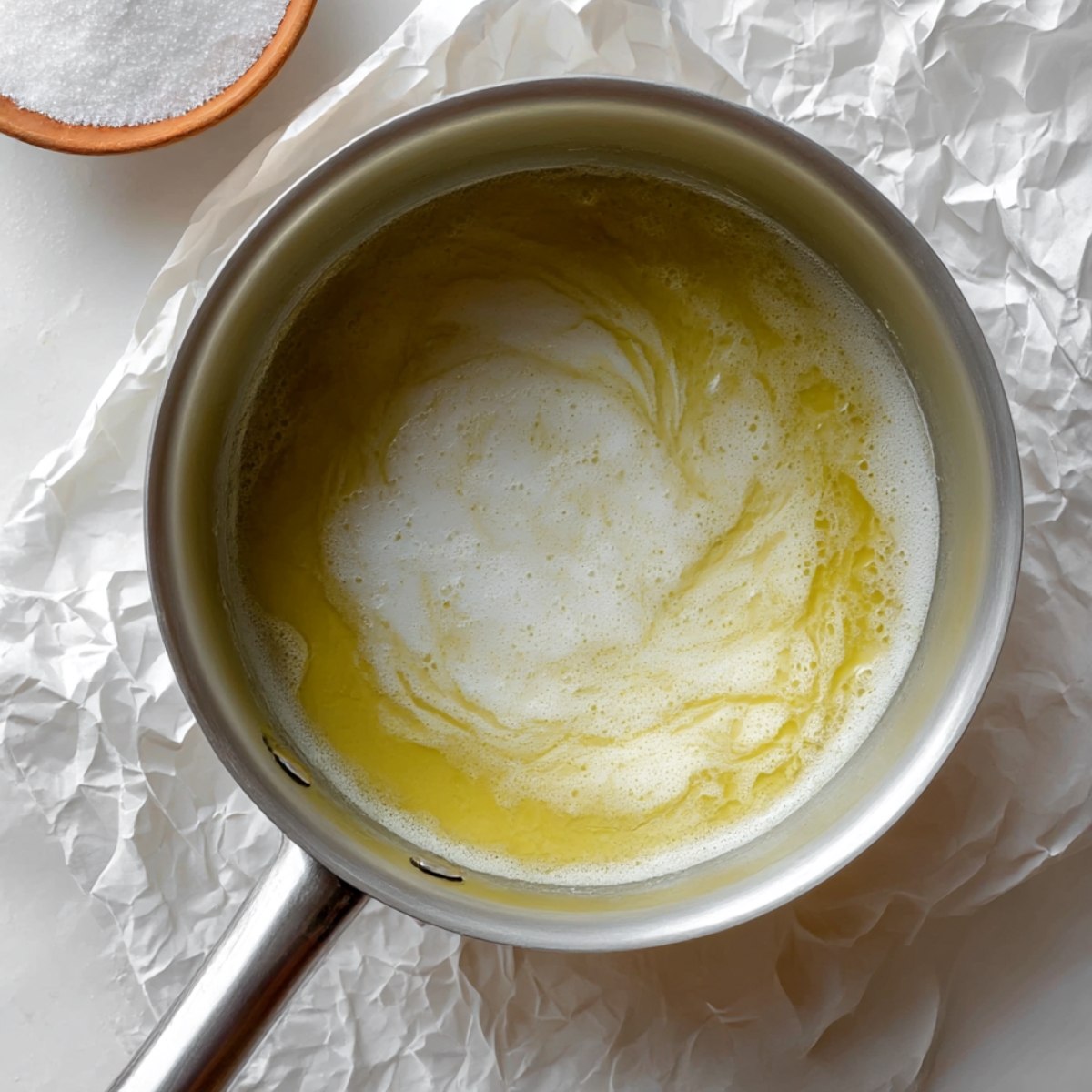 A close-up of melted butter being prepared in a saucepan for a rich, decadent chocolate mousse brownie recipe. Perfect for making a smooth, creamy mousse topping.
