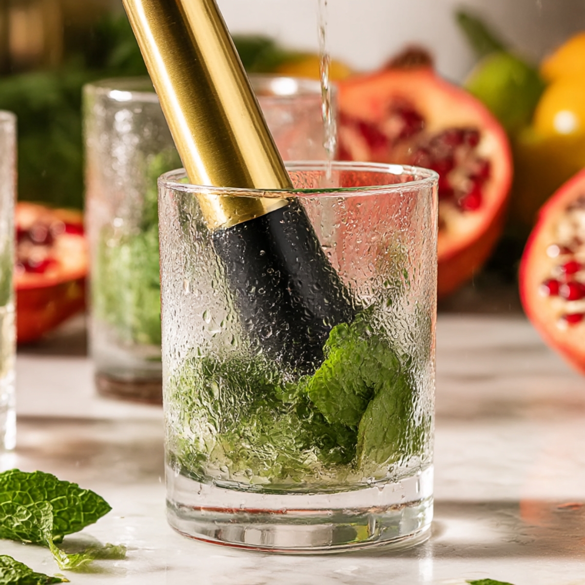 A close-up of a glass with fresh mint leaves being muddled for a Christmas Mojito, surrounded by festive fruits like pomegranate, lime, and lemon, perfect for a holiday gathering.