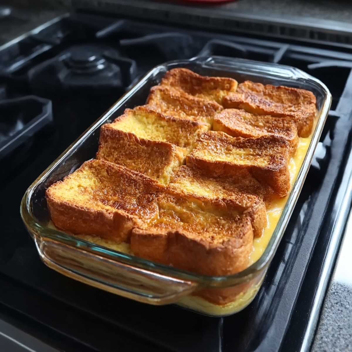 A delicious homemade French Toast Casserole baked to golden perfection, with crispy toast slices resting atop a creamy custard base, perfect for breakfast or brunch.