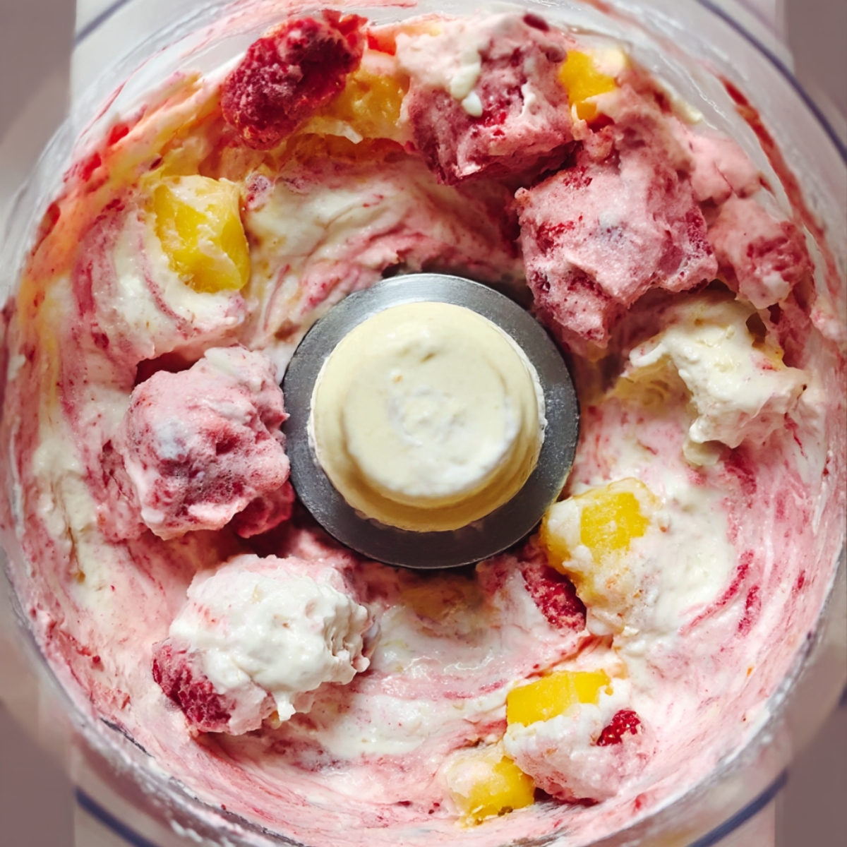 A delicious fruit smoothie bowl featuring a creamy blend of strawberries, mango chunks, and a swirl of yogurt, perfect for a healthy breakfast or snack.