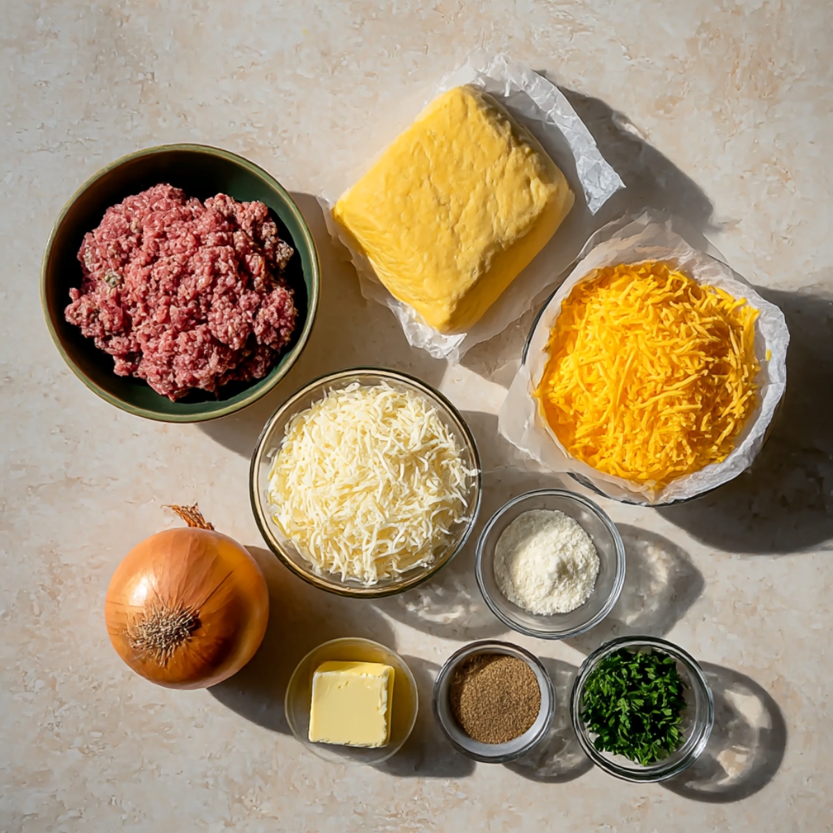 Ingredients for making Cheeseburger Bombs: Ground beef, shredded cheddar cheese, shredded mozzarella, butter, onion, garlic powder, and fresh parsley.