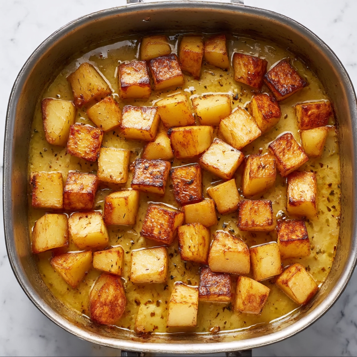 Golden-brown roasted potato cubes cooked to perfection with a savory, herb-infused sauce, ideal as a side dish for chicken and potatoes meals.