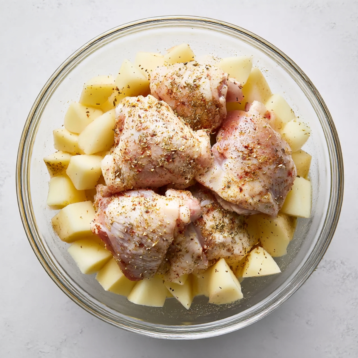 Chicken thighs seasoned with herbs, marinating with cubed potatoes, ready to be roasted for a delicious chicken and potato dish.