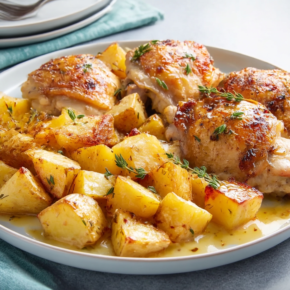 Golden roasted chicken thighs served with perfectly crispy potatoes, seasoned with thyme for a flavorful, comforting Chicken and Potatoes meal.