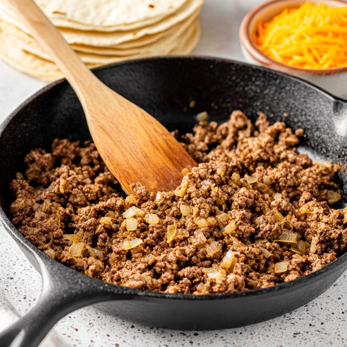Sizzling ground beef with finely chopped onions in a cast iron skillet, perfect for taco filling or other ground beef recipes, served alongside tortillas and cheese.