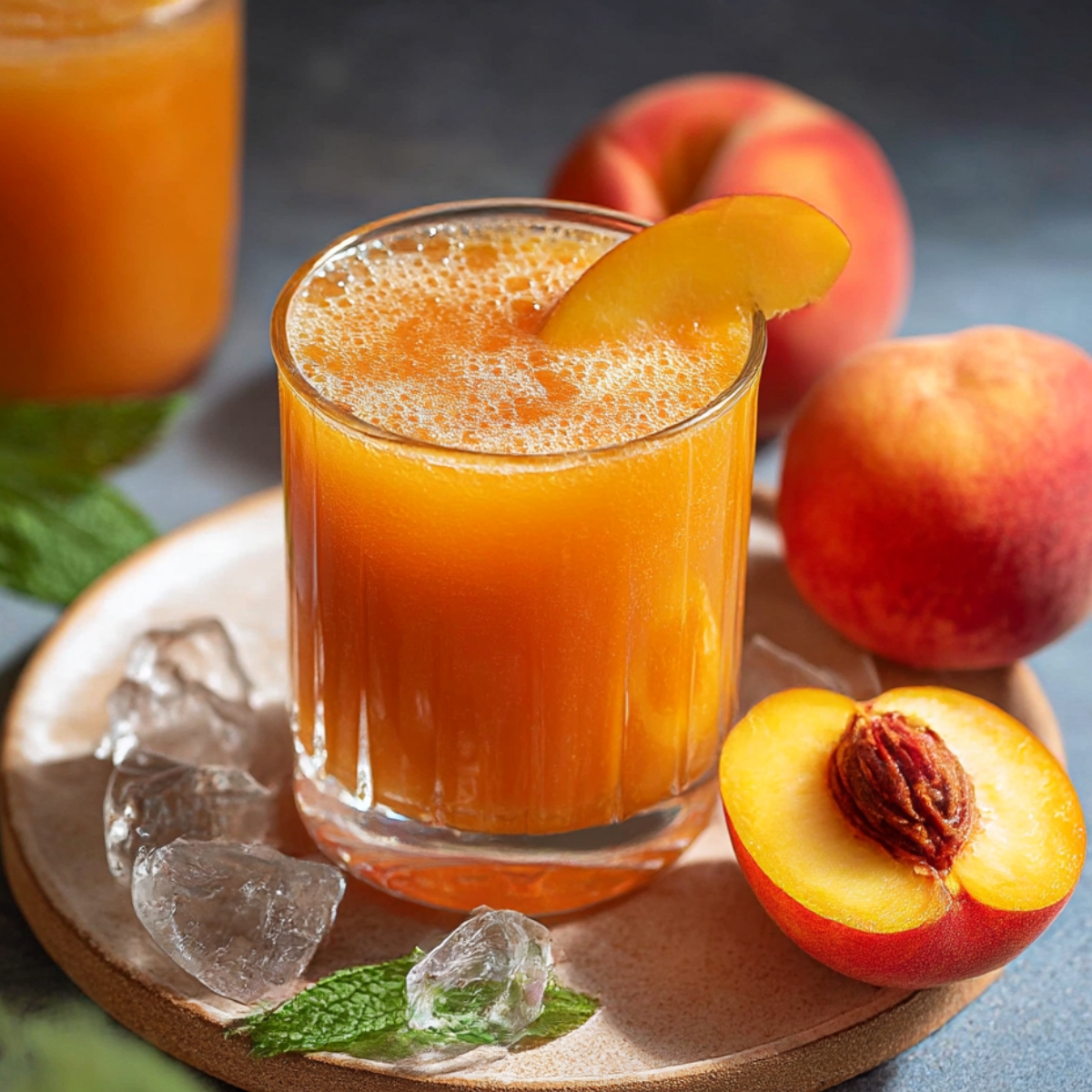 A glass of homemade peach juice with ice cubes and a slice of peach, surrounded by fresh peaches and a sprig of mint on a rustic plate.