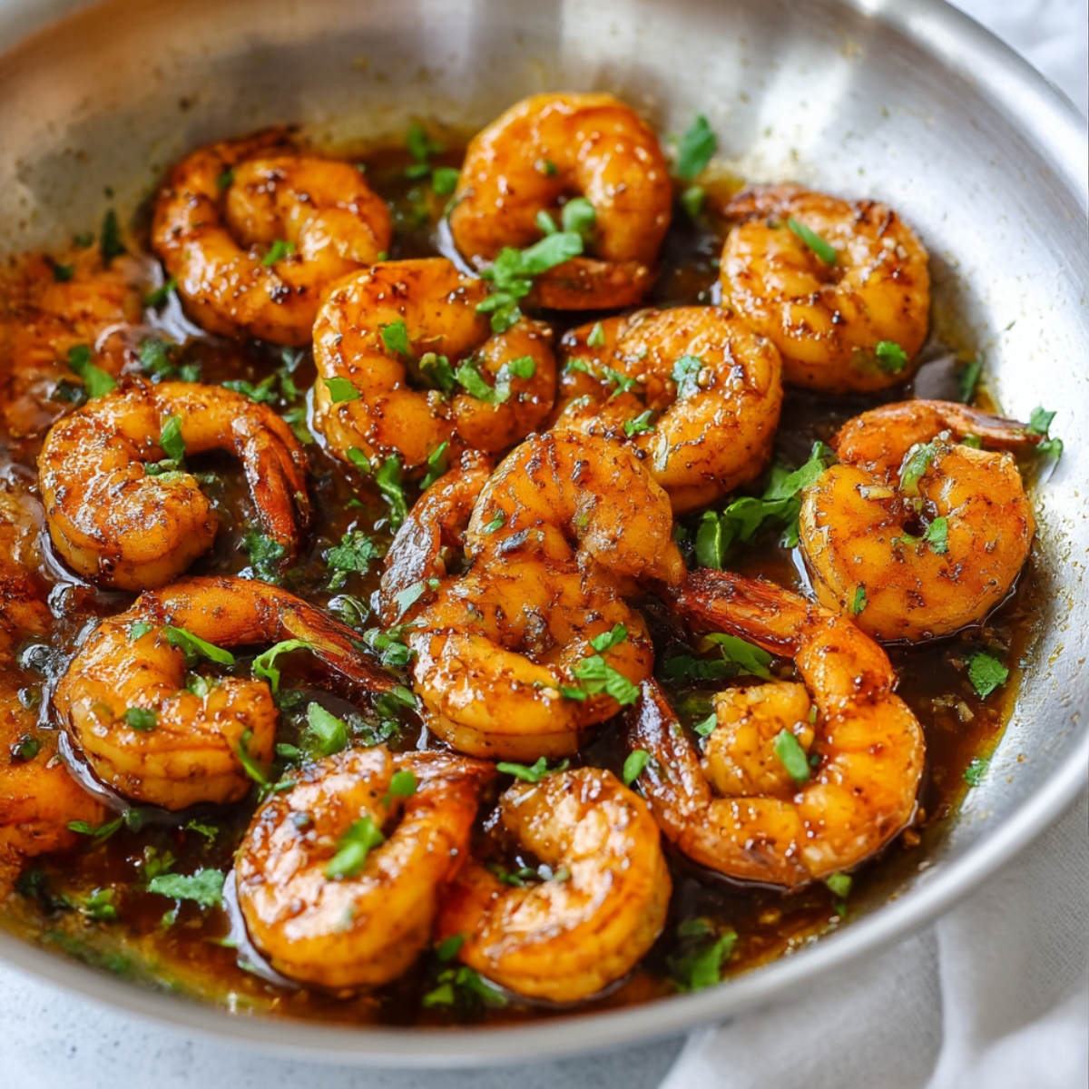 A close-up of honey garlic shrimp in a skillet, garnished with fresh cilantro and drenched in a sweet, savory sauce