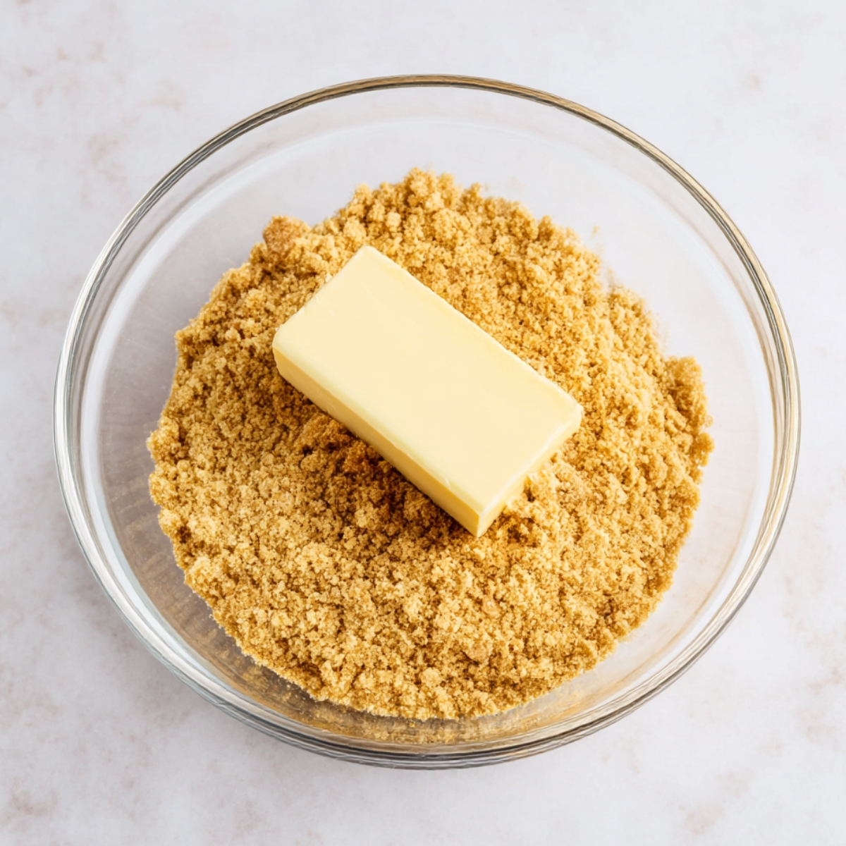 Butter placed over graham cracker crumbs in glass bowl for lemon cream cheese dessert crust