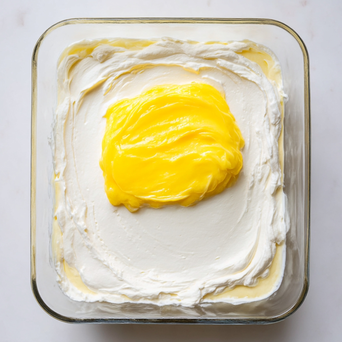 Lemon filling spooned over smooth cream cheese layer for lemon cream cheese dump cake