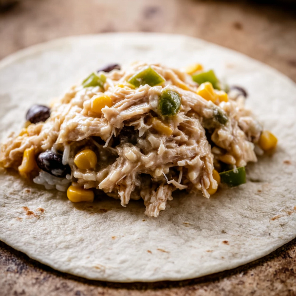A close-up of a flour tortilla filled with shredded chicken, black beans, corn, green peppers, and rice, ready to be wrapped into a delicious chicken enchilada