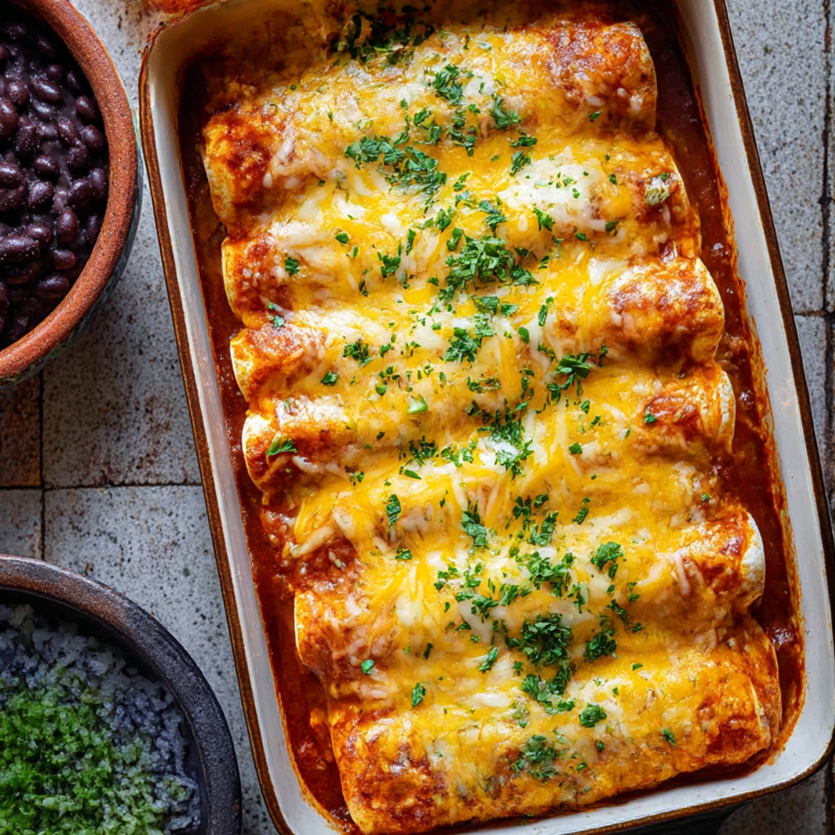 Baked chicken enchiladas topped with melted cheese and fresh parsley, served alongside black beans and chopped onions for a delicious Mexican dinner