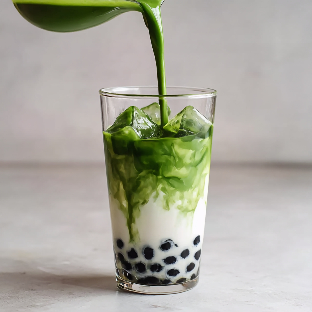 A glass of iced Matcha Bubble Tea being poured with vibrant green matcha milk over ice and tapioca pearls, creating a beautiful layered effect.