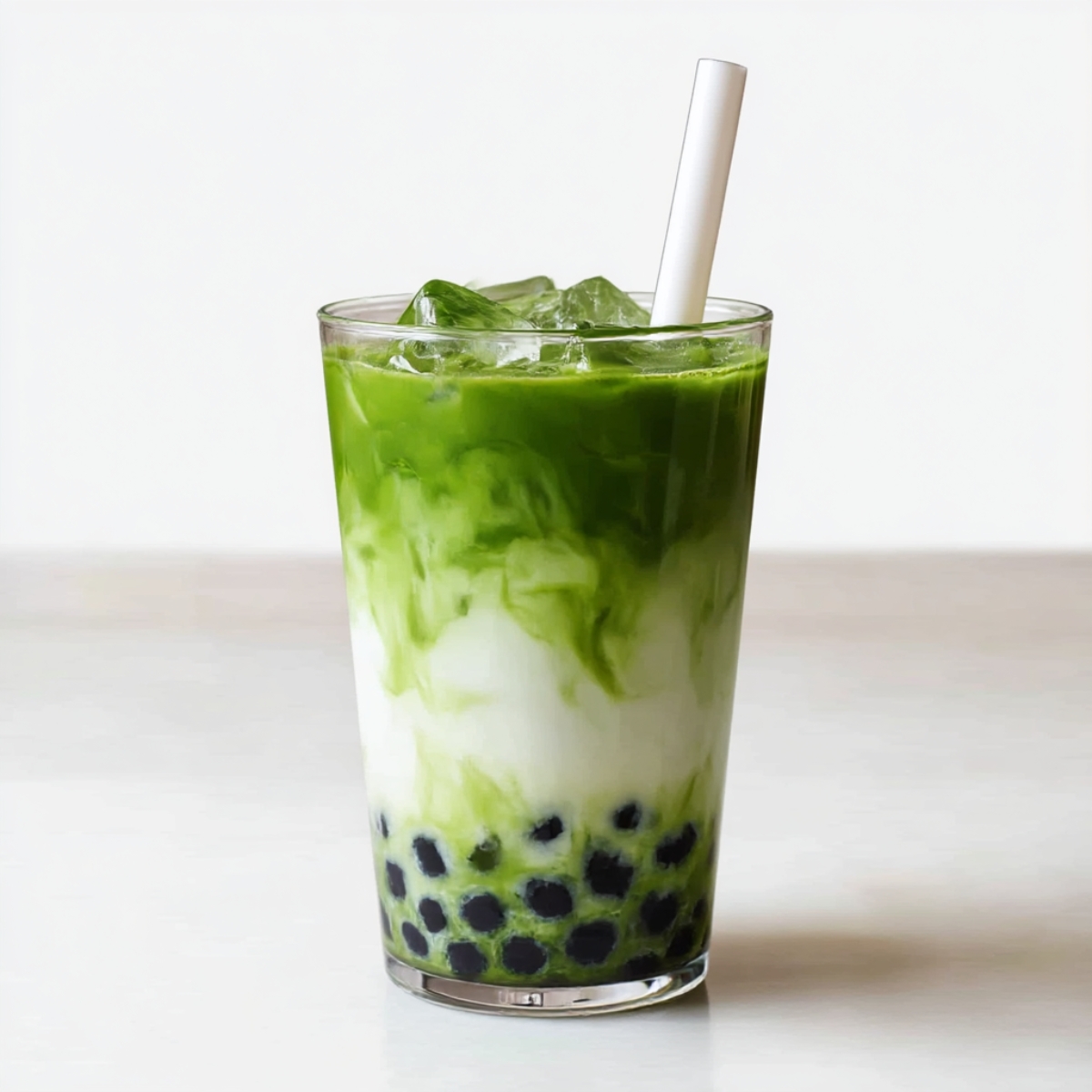 A refreshing glass of iced Matcha Bubble Tea with vibrant green matcha milk, layered with creamy milk and tapioca pearls, topped with ice and a white straw.
