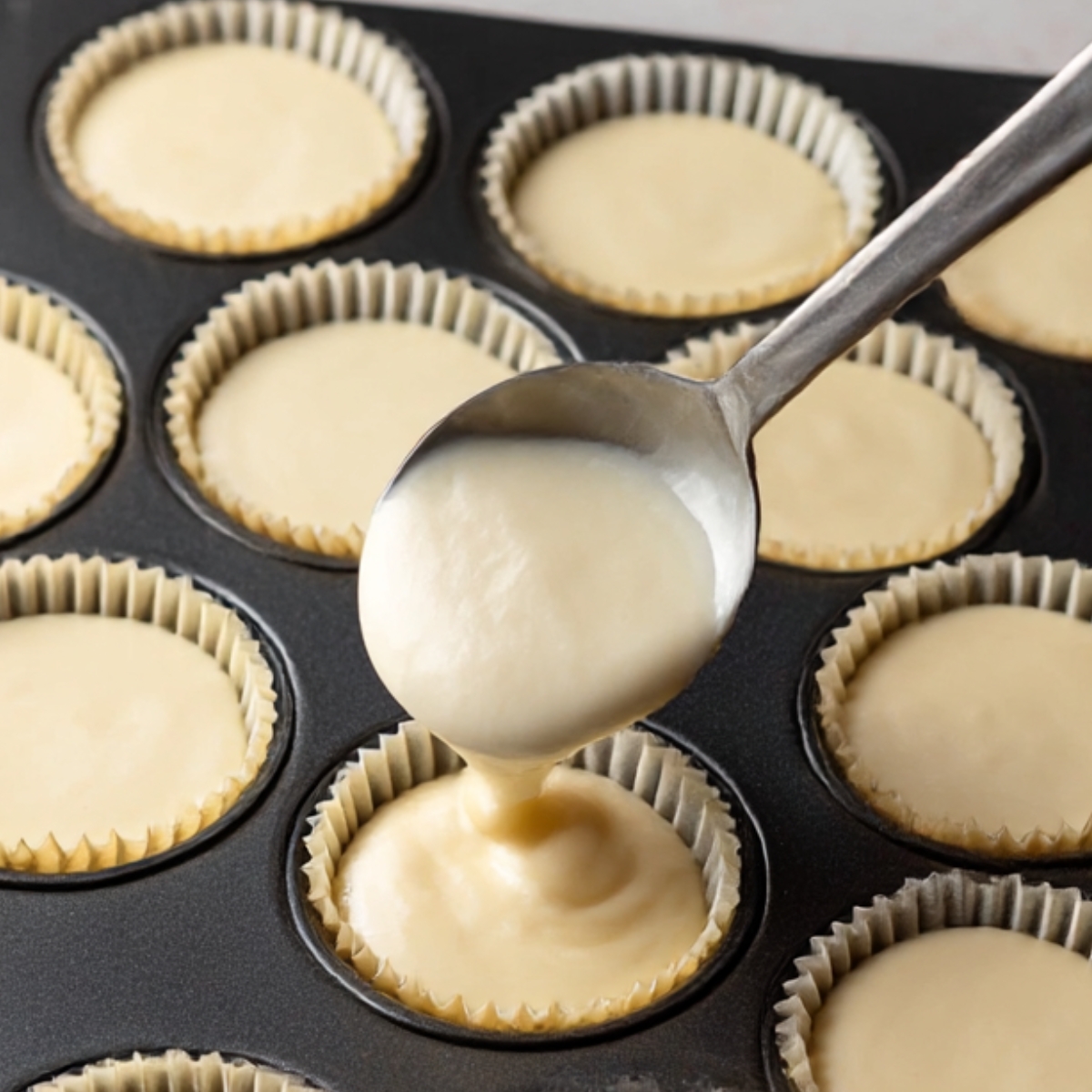 A close-up image of mini cheesecakes being prepared in a muffin tin, with creamy cheesecake batter being spooned into cupcake liners, ready for baking.