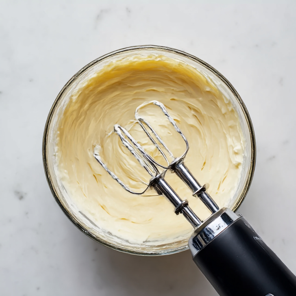 Whipped cream cheese mixture in a glass bowl, ready to be used in a mini cheesecake recipe