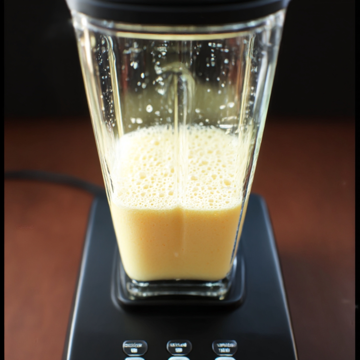 A refreshing Peach Lemonade being blended in a blender, with frothy, bubbly texture forming, perfect for a homemade summer drink.