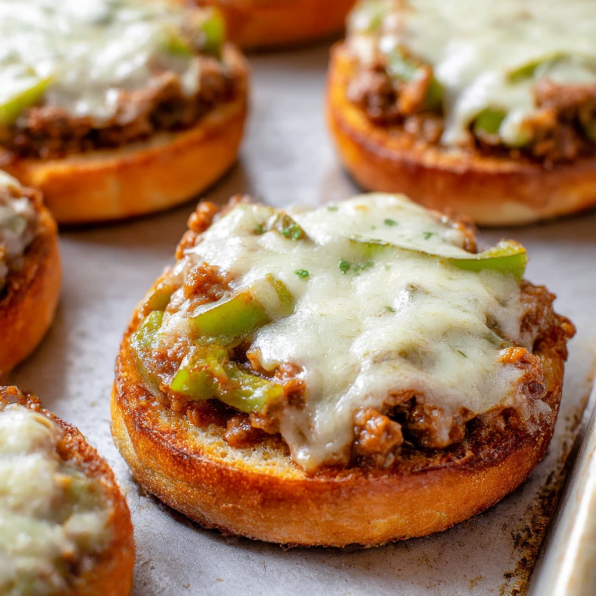 Philly Cheesesteak Sloppy Joes served on toasted buns with melted mozzarella cheese, green peppers, and seasoned ground beef for a delicious twist on the classic Philly cheesesteak.