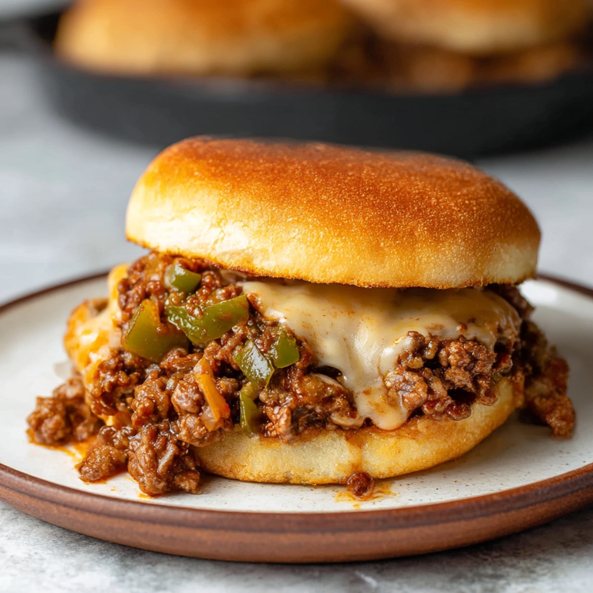 A delicious Philly Cheesesteak Sloppy Joe served on a toasted bun with melted mozzarella cheese, ground beef, and green peppers for a savory, hearty sandwich.