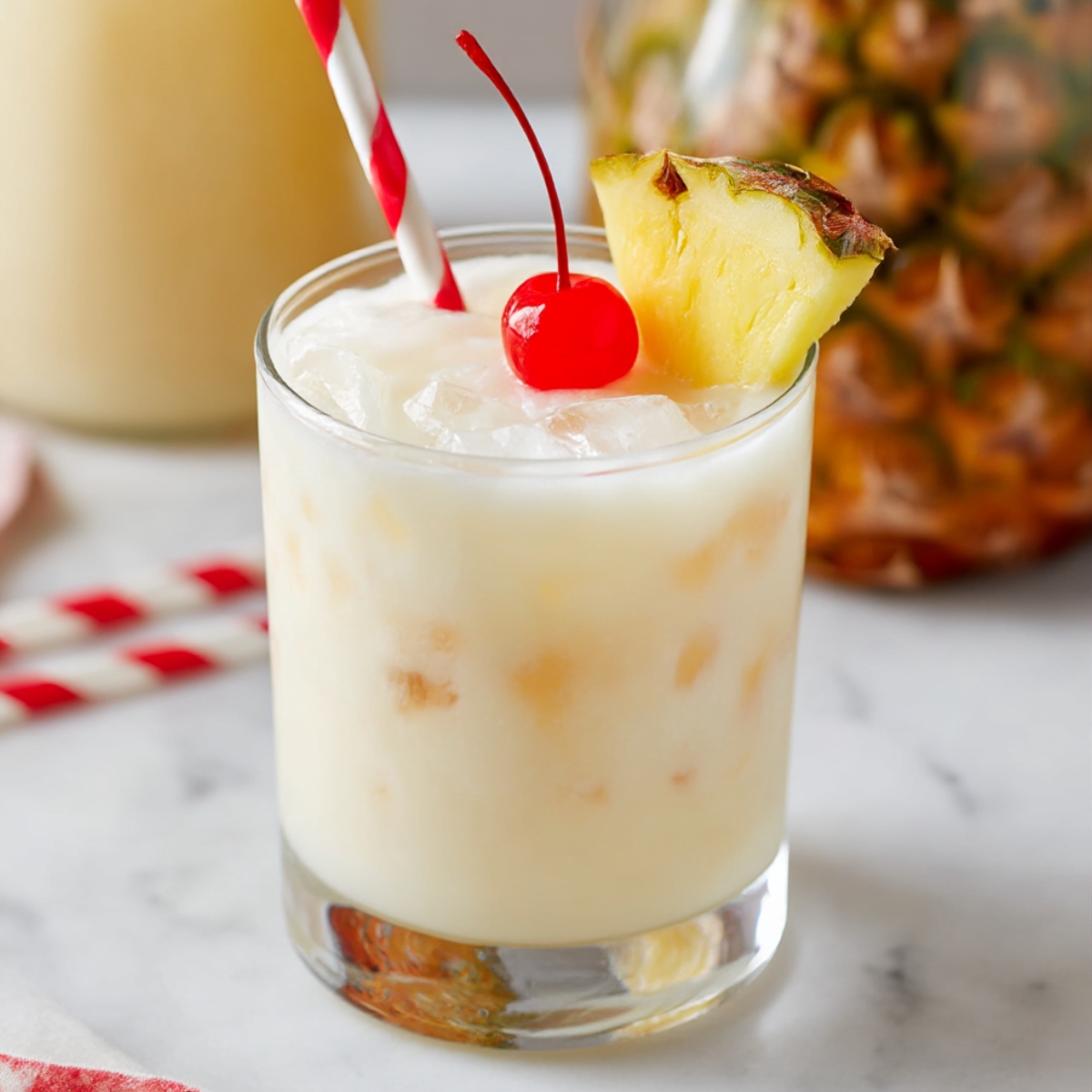 Creamy pina colada punch served over ice in a glass with pineapple wedge and cherry, tropical punch recipe