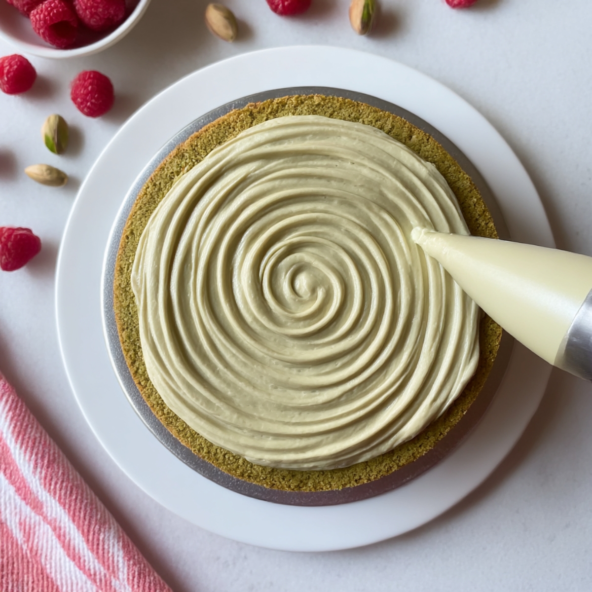 A top view of a pistachio cake being decorated with a swirl of creamy pistachio frosting from a piping bag, surrounded by fresh raspberries and pistachios on the side.