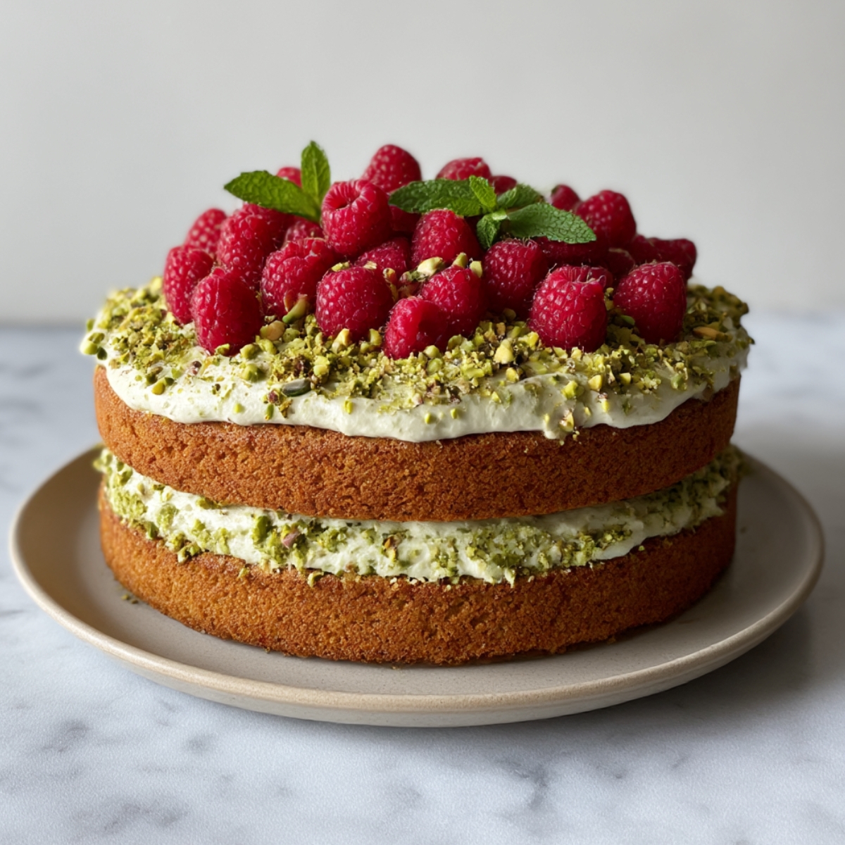 A delicious pistachio raspberry cake featuring two layers of soft cake, topped with creamy frosting, crushed pistachios, fresh raspberries, and a mint garnish, all on a neutral plate.