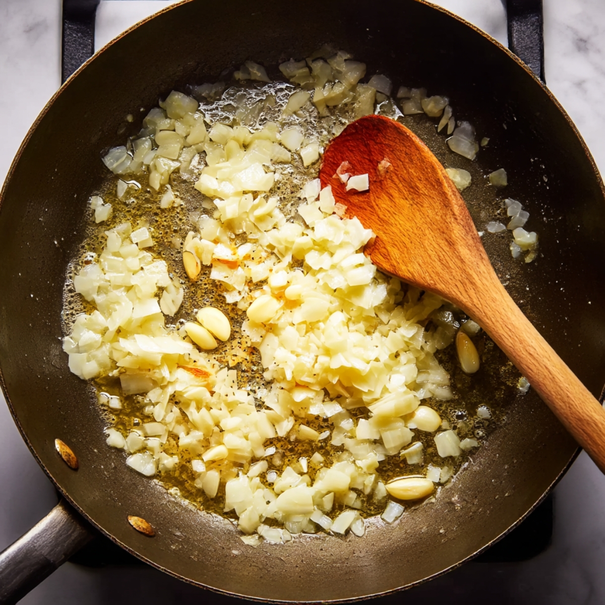 Chopped onions and garlic being sautéed in olive oil, ready to be added to a chicken broccoli pasta dish.