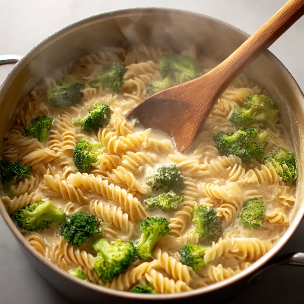 A close-up of a pot cooking chicken broccoli pasta with fusilli pasta, broccoli, and a creamy sauce, stirred with a wooden spoon.