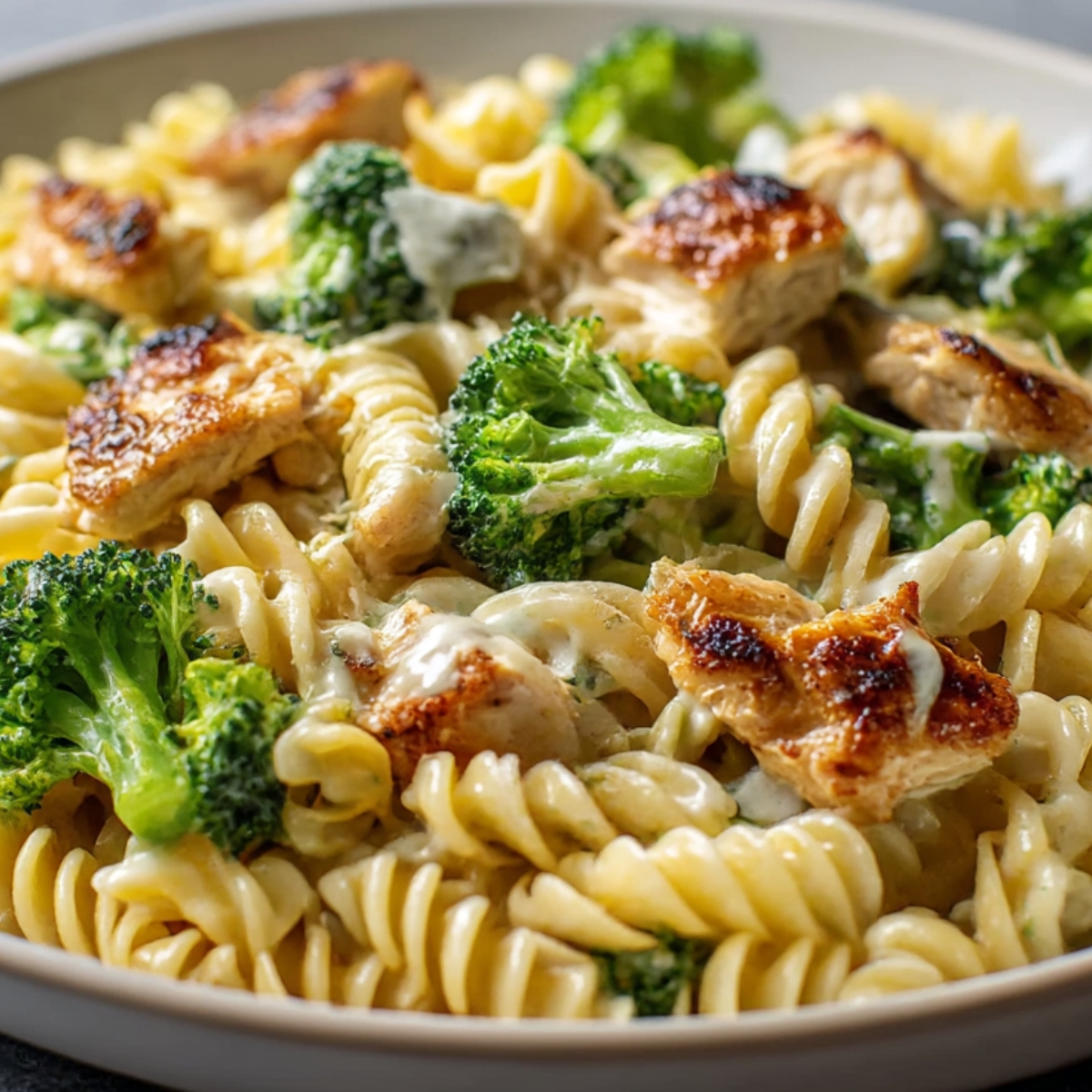 A delicious plate of creamy chicken broccoli pasta with tender grilled chicken and fresh broccoli, served with rotini pasta in a creamy sauce.