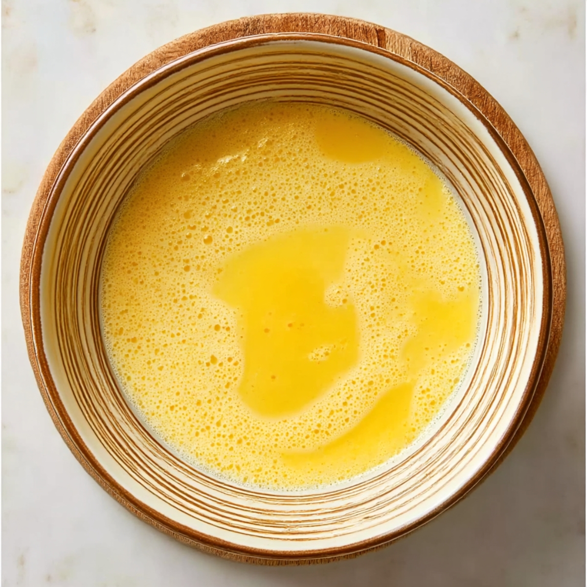 A close-up of a creamy egg mixture in a bowl, ready to be baked into Starbucks-inspired egg bites. The rich yellow color and frothy texture give a hint of the fluffy, savory result.