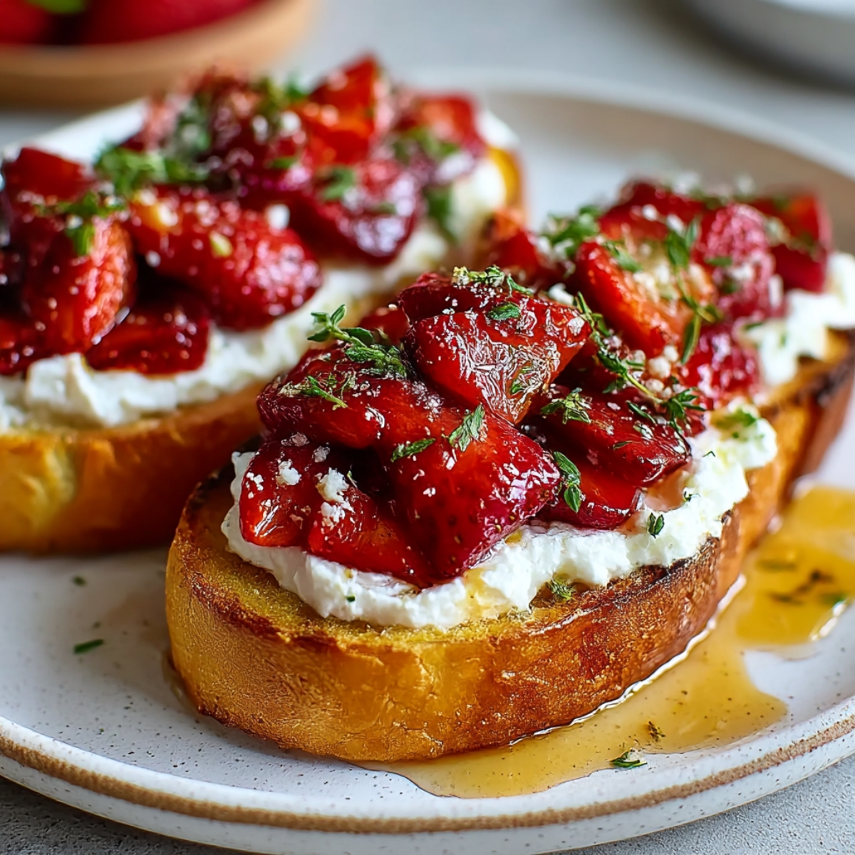 Strawberry Whipped Ricotta toast topped with roasted strawberries, honey drizzle, and fresh herbs on crispy bread