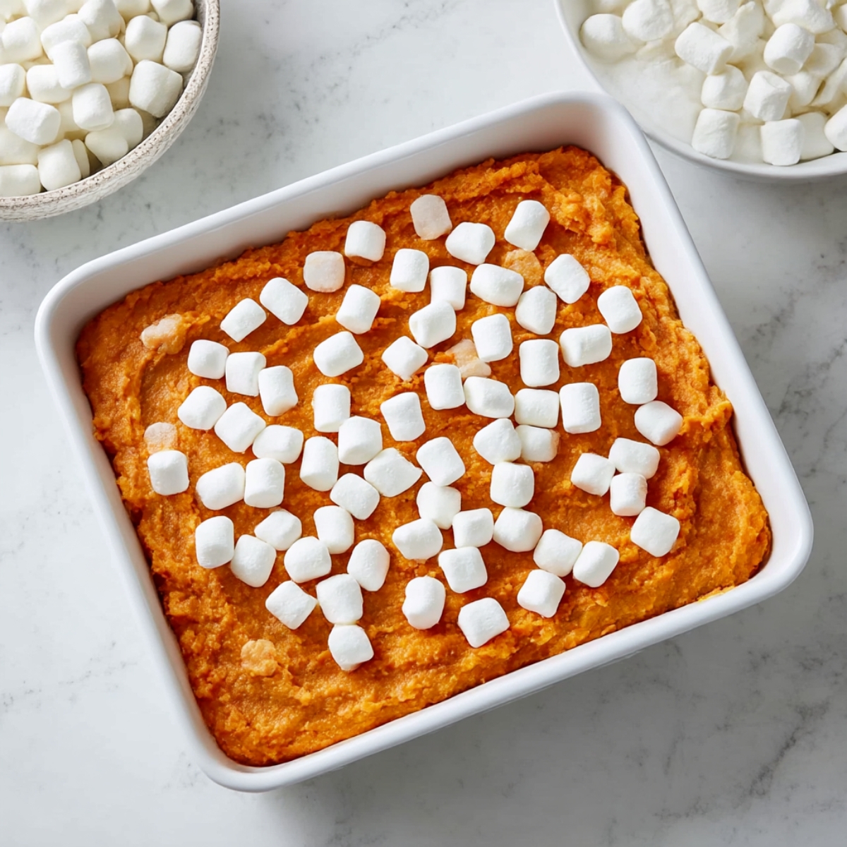 Creamy mashed sweet potatoes topped with fluffy marshmallows, ready to be baked into a delicious holiday side dish. Perfect for Thanksgiving and family gatherings.
