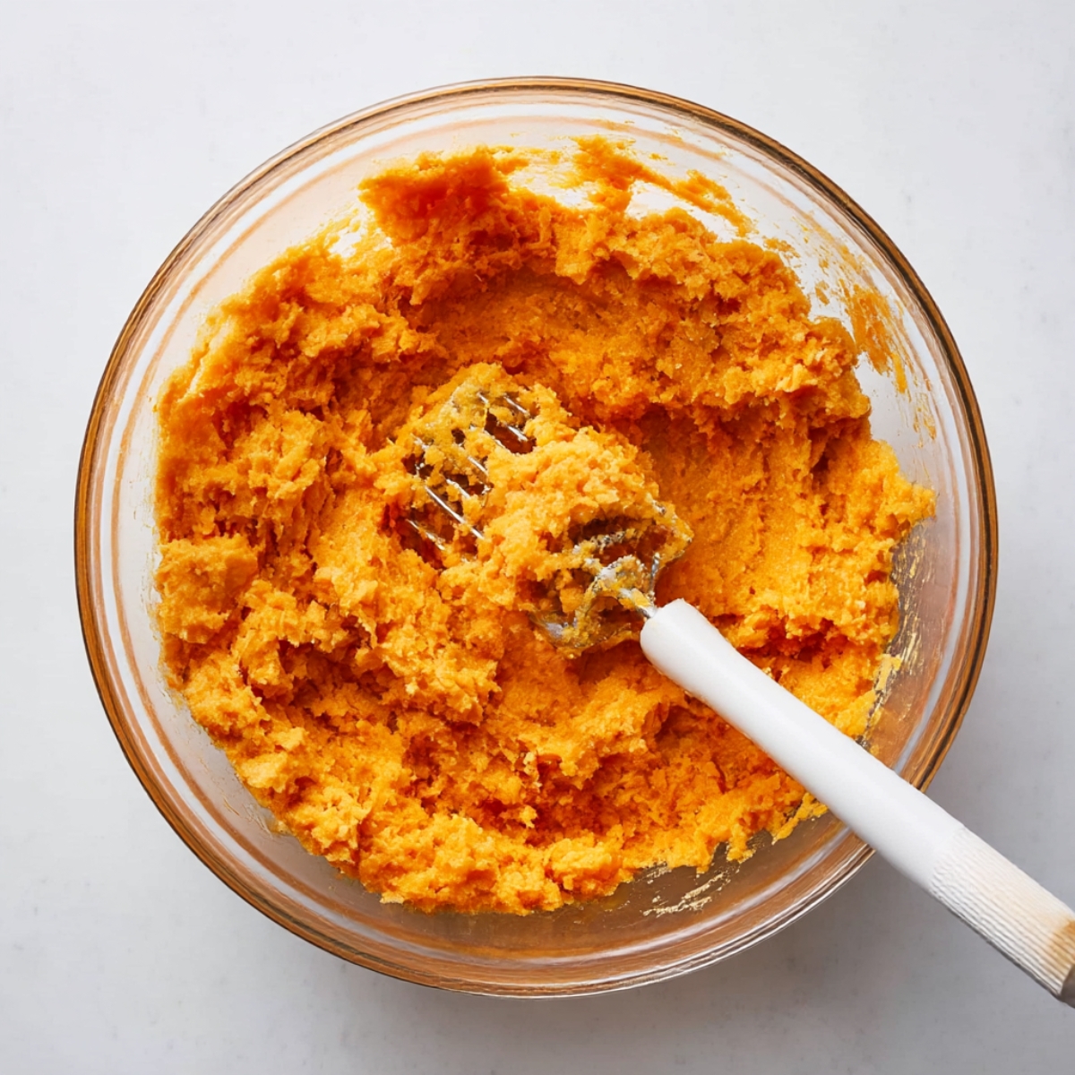 A close-up image of mashed sweet potatoes in a glass bowl, showing a smooth, creamy texture, ideal for a comforting holiday side dish. This simple and flavorful recipe is a must-try for sweet potato lovers.
